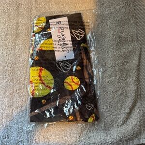 Girls' Black Soft Knit Leggings with Yellow Baseball Print -